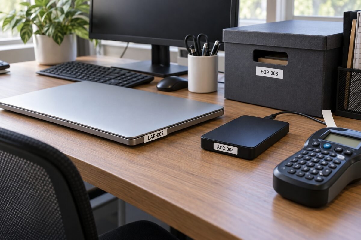 Laptop y accesorios identificados con etiquetas y códigos de inventario en una oficina