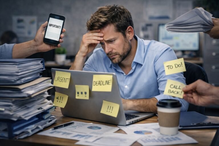 Trabajador estresado rodeado de tareas y notas pendientes en su escritorio