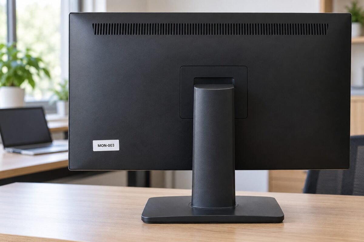 Etiqueta MON-003 colocada detrás de un monitor sin cubrir las ventilaciones