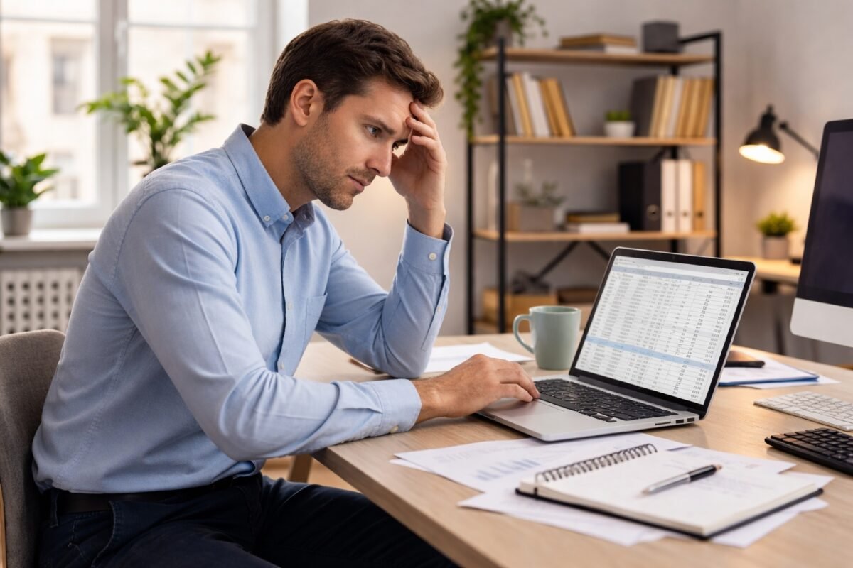 persona mostrando signos de estrés laboral en su entorno de trabajo