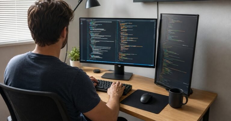 Programador con dos monitores en un escritorio pequeño