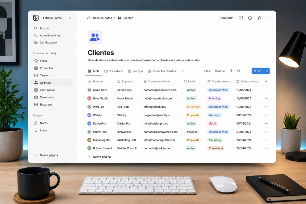 base de datos de clientes organizada en Notion para freelancers