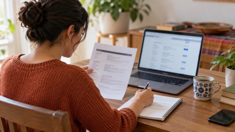 Persona revisando un currículum impreso y tomando notas frente a una laptop con una página de vacantes.