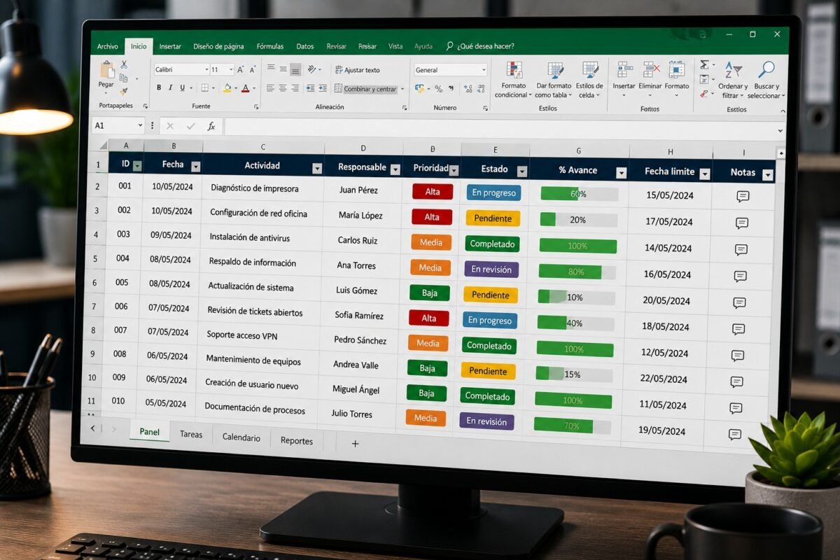 columnas principales de una plantilla excel para control de tareas