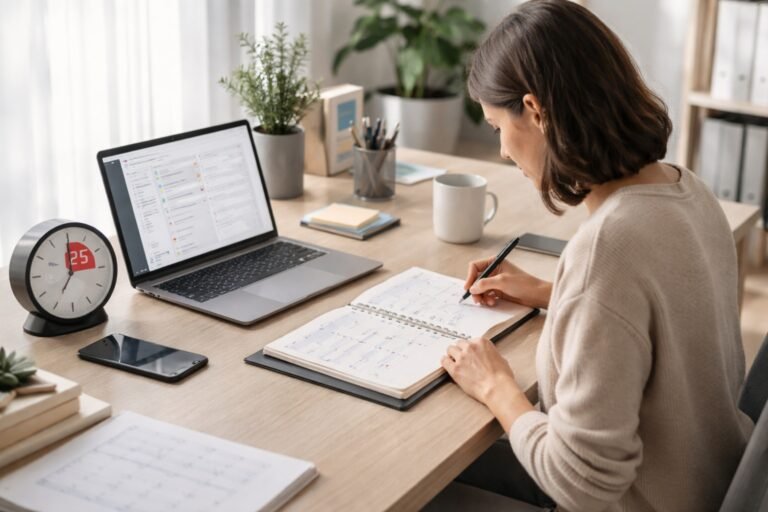 persona gestionando el tiempo en el trabajo con agenda y reloj