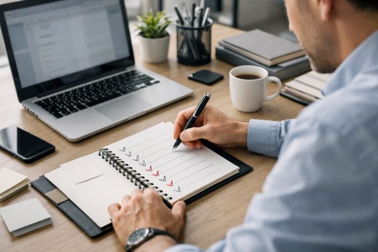 persona priorizando tareas en el trabajo en escritorio ordenado