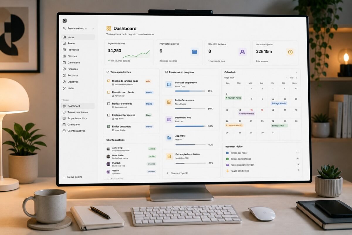 dashboard de gestion clientes notion freelancers con proyectos y tareas