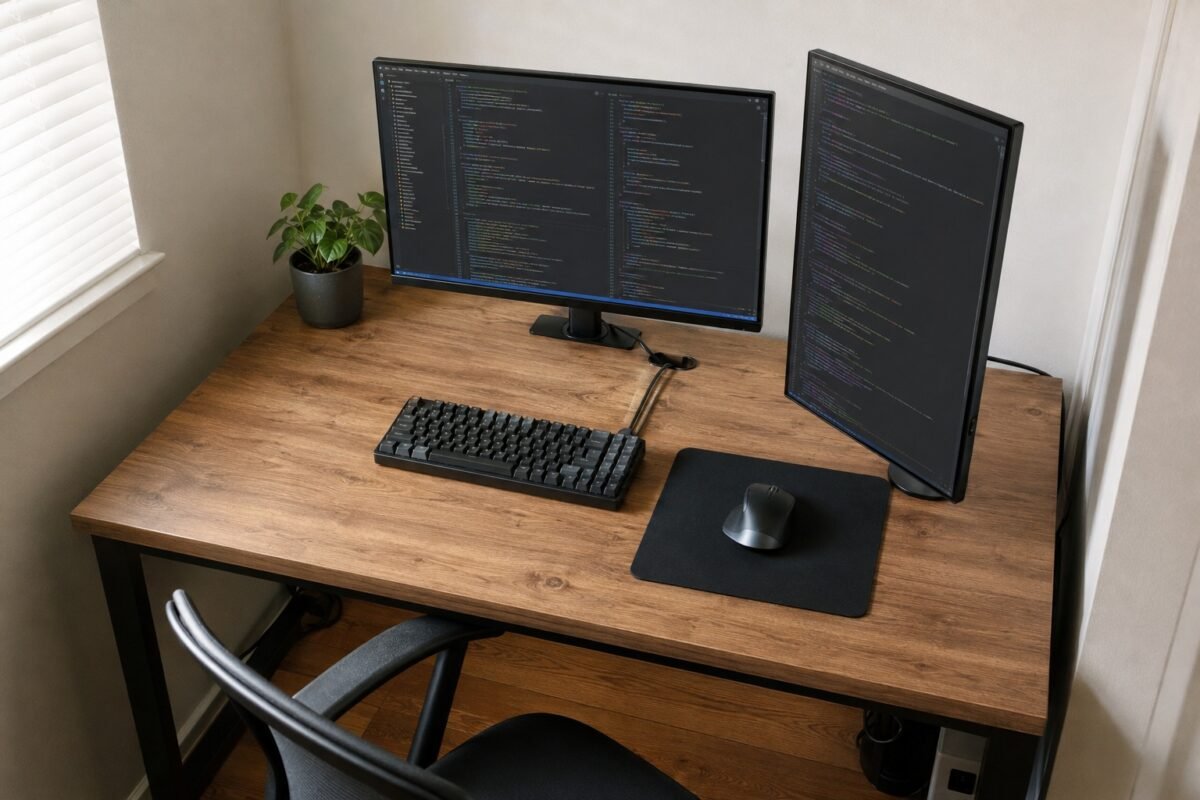 Dos monitores horizontal y vertical en escritorio pequeño
