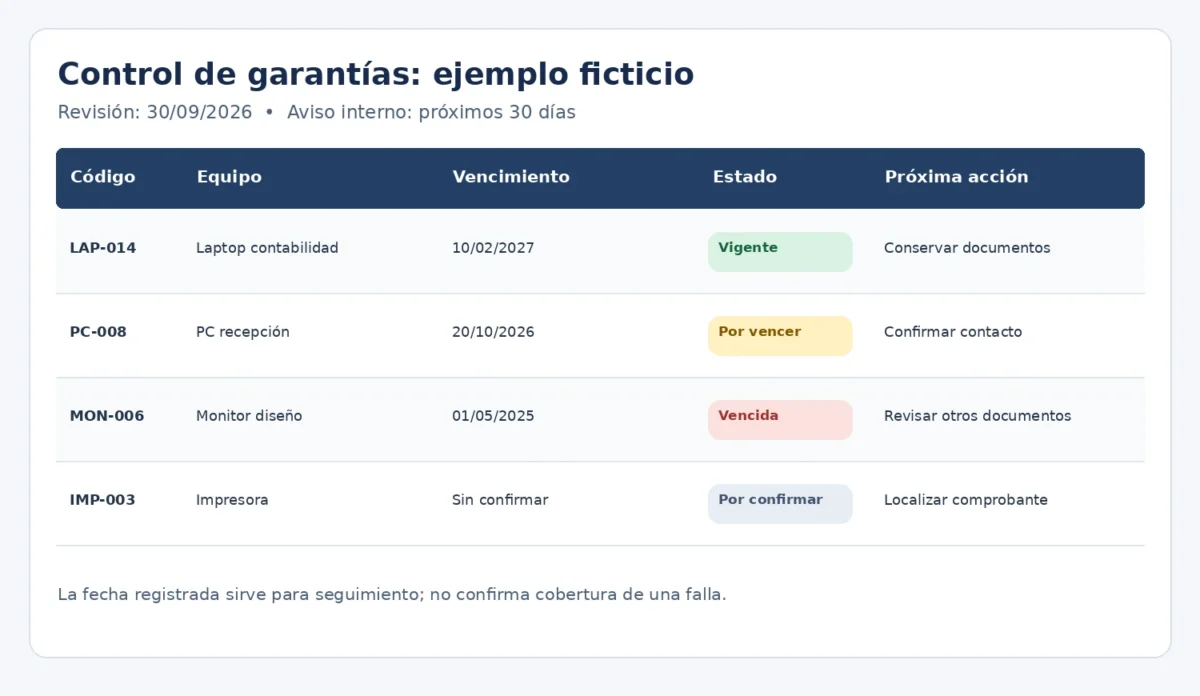 Ejemplo ficticio de control de garantías con equipos vigentes, por vencer, vencidos y por confirmar