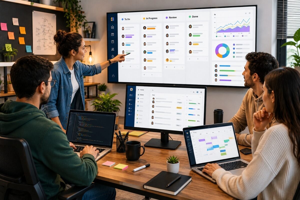 equipo pequeño utilizando herramientas de gestión de proyectos