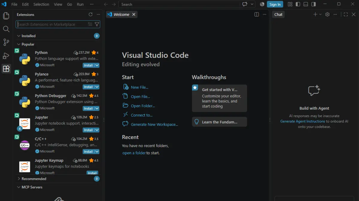 Panel de extensiones de Visual Studio Code en una laptop