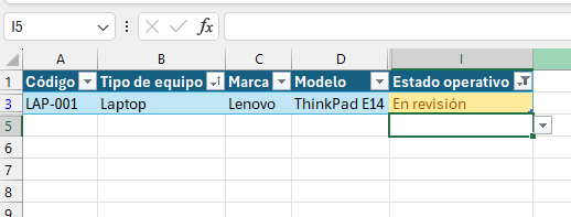 Filtro de Excel para localizar equipos por estado operativo