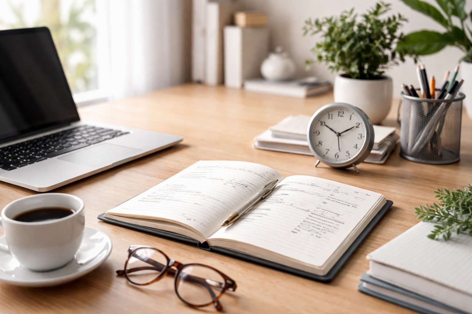 Escritorio organizado con agenda y laptop representando la gestión del tiempo en el trabajo