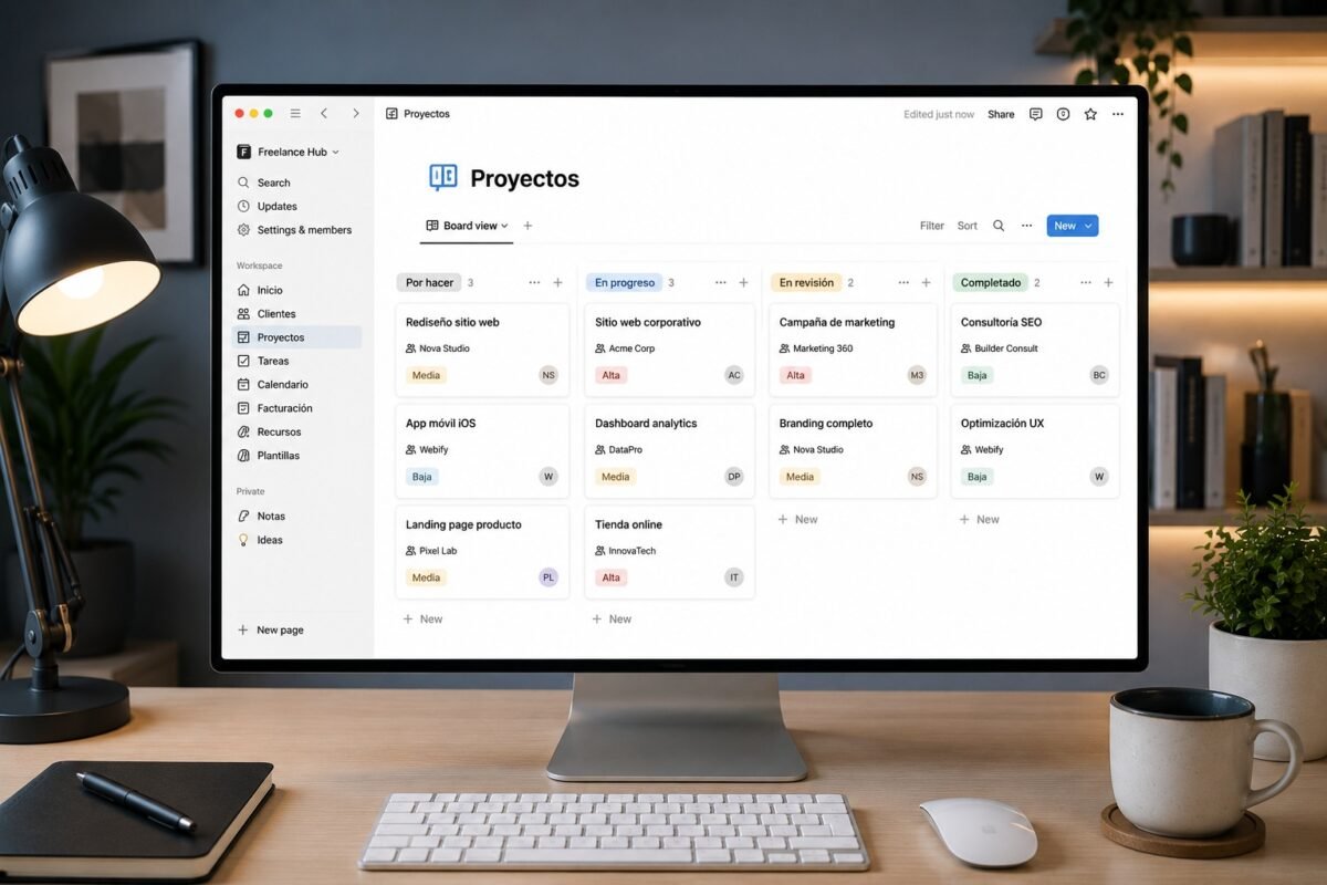 tablero Kanban en Notion para seguimiento de proyectos freelance