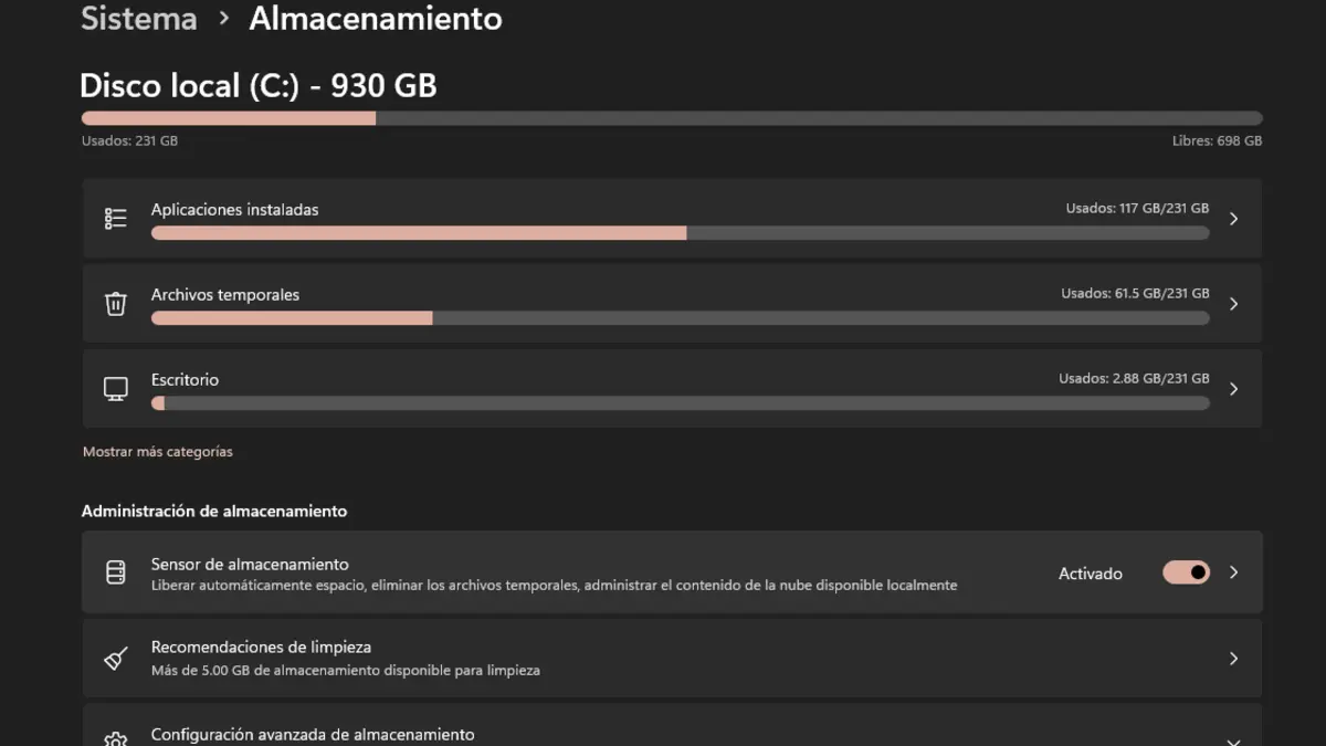 Opciones de almacenamiento de Windows para liberar espacio