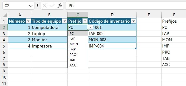 Lista desplegable de prefijos para códigos de inventario en Excel
