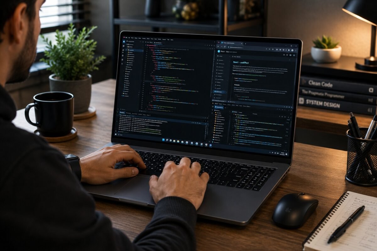 programador trabajando con multitarea y desarrollo de software