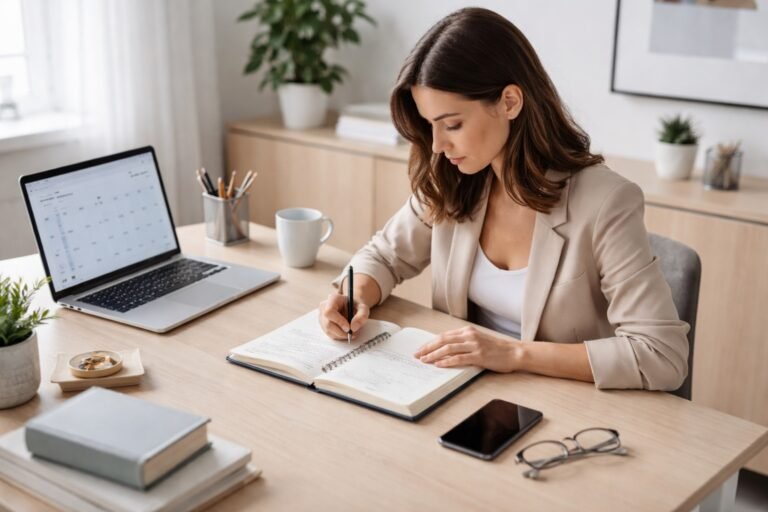 persona organizando su día de trabajo en escritorio limpio y productivo
