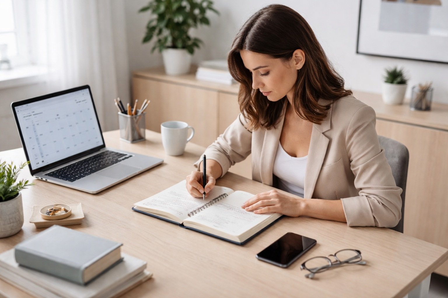 persona organizando su día de trabajo en escritorio limpio y productivo
