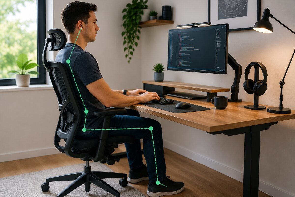 postura correcta utilizando una silla ergonómica para programar