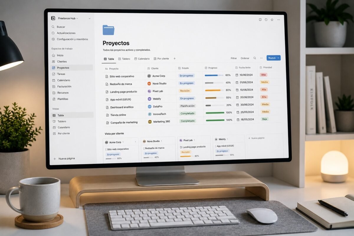 proyectos organizados en Notion para gestión de clientes freelance