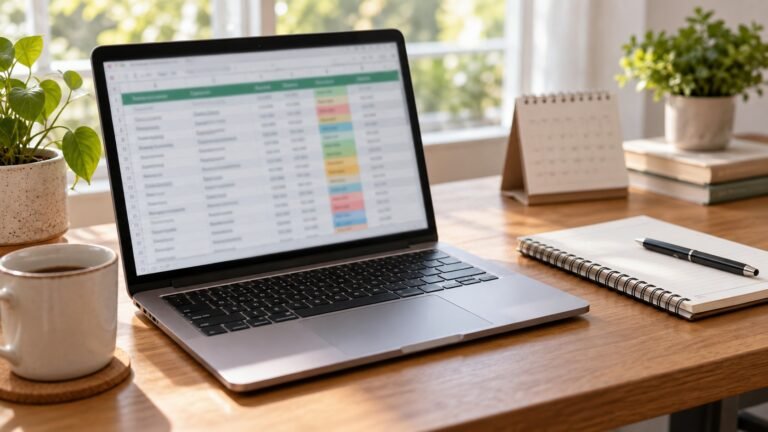Laptop con una hoja de cálculo de seguimiento, junto a una libreta y un calendario sobre un escritorio.