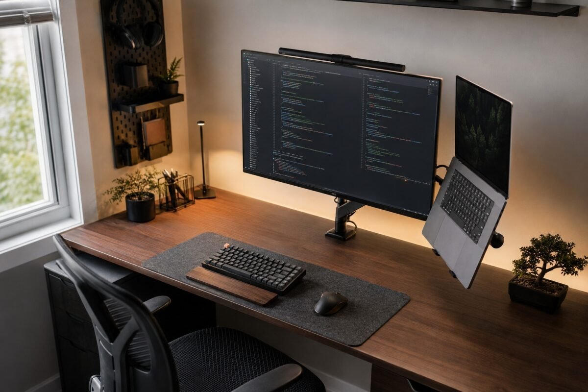 Setup compacto con monitor y laptop elevados