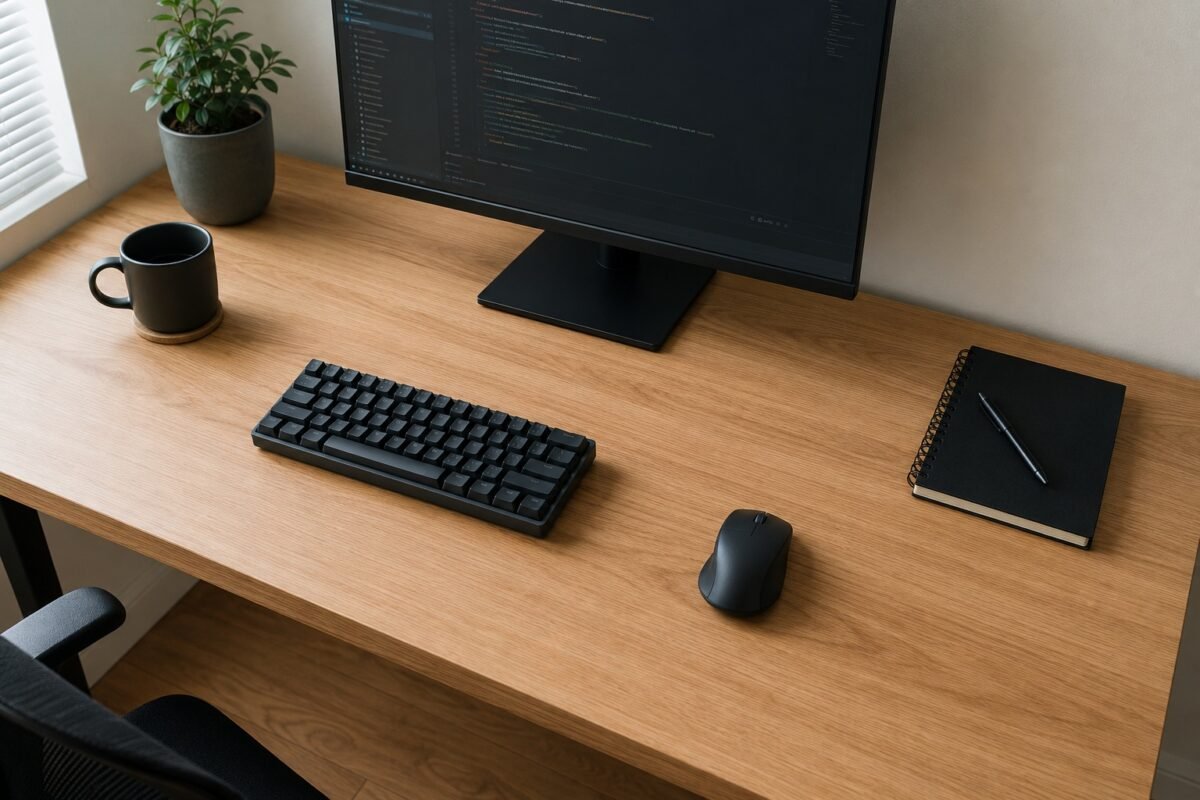 Teclado compacto con espacio para el mouse en escritorio de programador